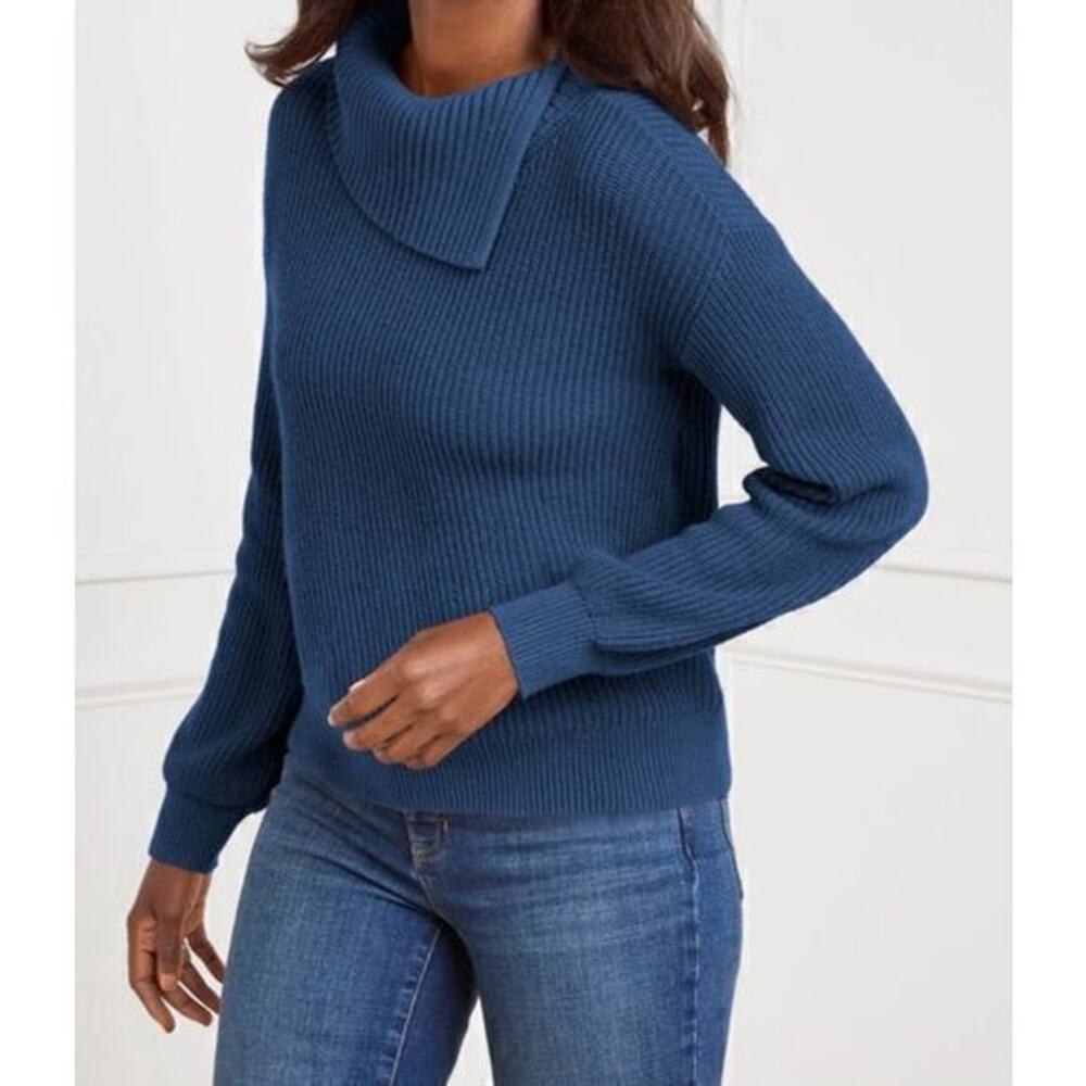 Talbots blue SHAKER STITCH SPLIT NECK chunky SWEATER cotton wool blend sz large